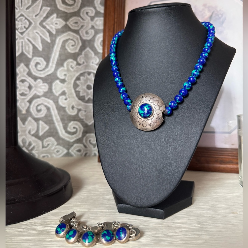 Azurite and Sterling Silver Choker and Bracelet Set